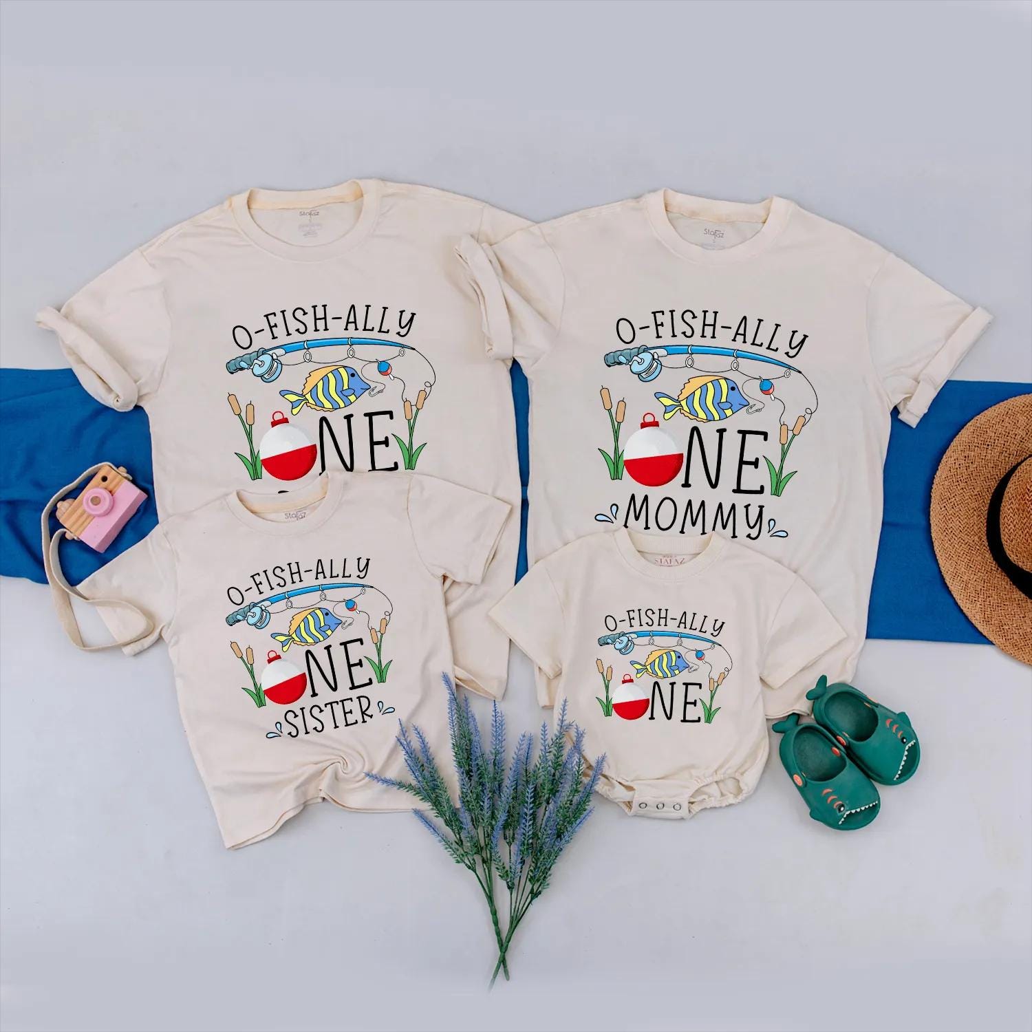 O-Fish-Ally One First Birthday Shirt Custom Family Matching Fishing Outfit Fun Blue Fish Red Bobber Green Reeds Playful Design