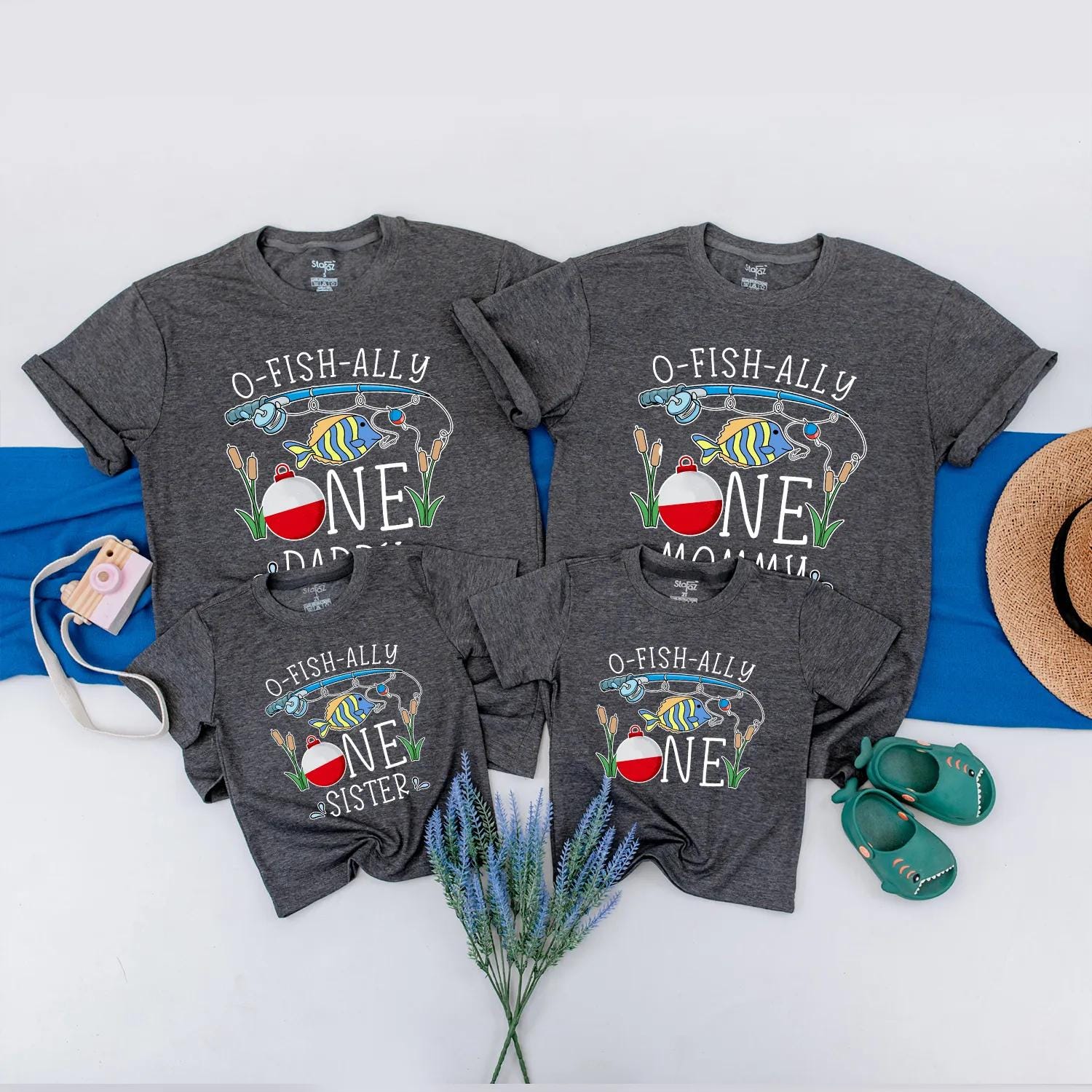 O-Fish-Ally One First Birthday Shirt Custom Family Matching Fishing Outfit Fun Blue Fish Red Bobber Green Reeds Playful Design
