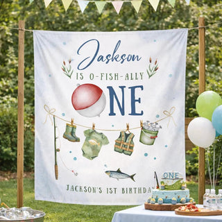 "O-Fish-Ally One" Fishing 1st Birthday Silk Banner with Custom Name, Outdoor Party Backdrop, First Birthday Fishing Party Decor