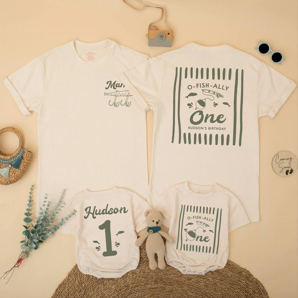 O-Fish-Ally One Fishing Birthday Shirts for Baby and Family, Personalized 1st Birthday Outfit, Matching Rustic Green Party Clothes