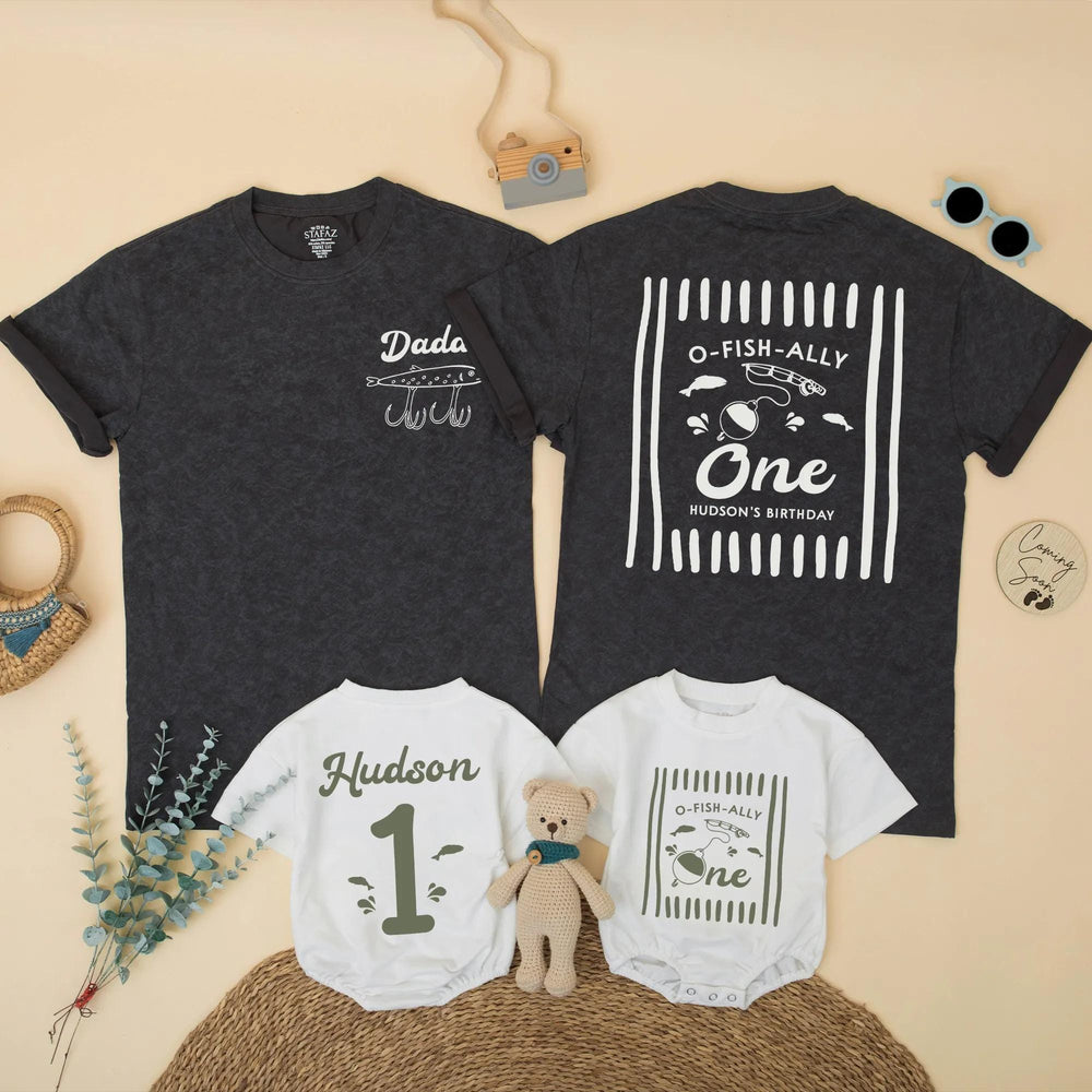 O-Fish-Ally One Fishing Birthday Shirts for Baby and Family, Personalized 1st Birthday Outfit, Matching Rustic Green Party Clothes