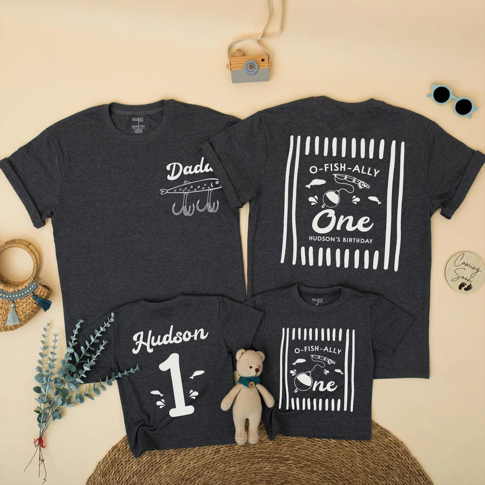O-Fish-Ally One Fishing Birthday Shirts for Baby and Family, Personalized 1st Birthday Outfit, Matching Rustic Green Party Clothes