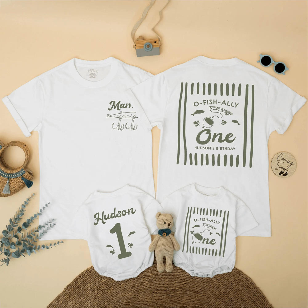 O-Fish-Ally One Fishing Birthday Shirts for Baby and Family, Personalized 1st Birthday Outfit, Matching Rustic Green Party Clothes
