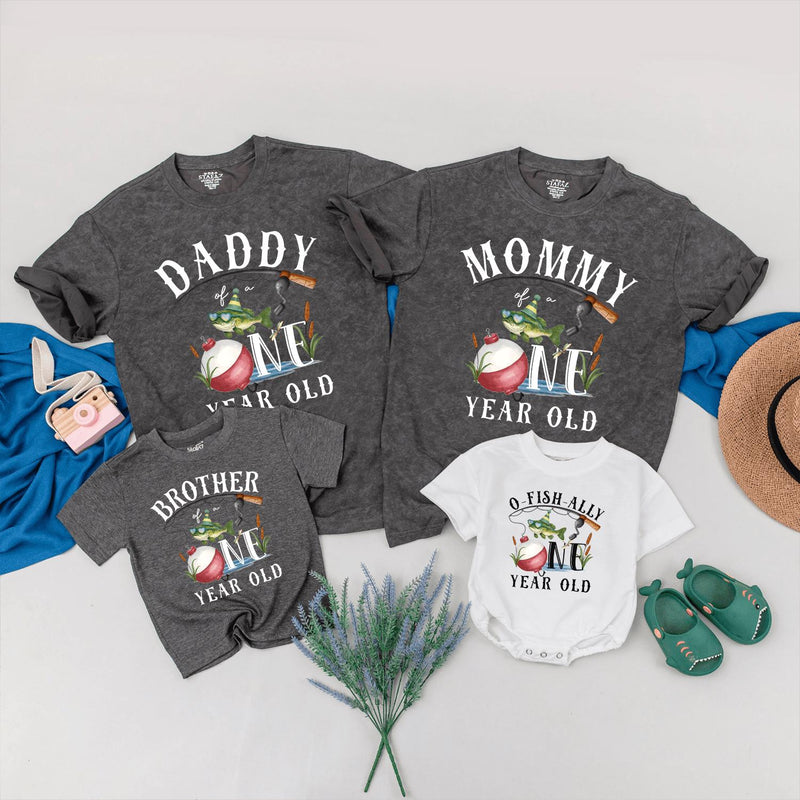 Fishing 1st Birthday Matching Family Shirts Personalized Party Outfit Daddy Mommy Brother Baby Bodysuit Rustic Outdoor Theme