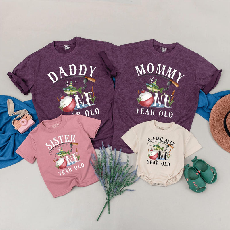 Fishing 1st Birthday Matching Family Shirts Personalized Party Outfit Daddy Mommy Brother Baby Bodysuit Rustic Outdoor Theme