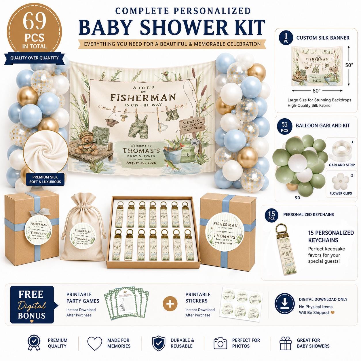 Fishing Baby Shower Decor Kit with Rustic Little Fisherman Theme, Custom Banner, Balloons, Favor Set for Boy Party Celebration