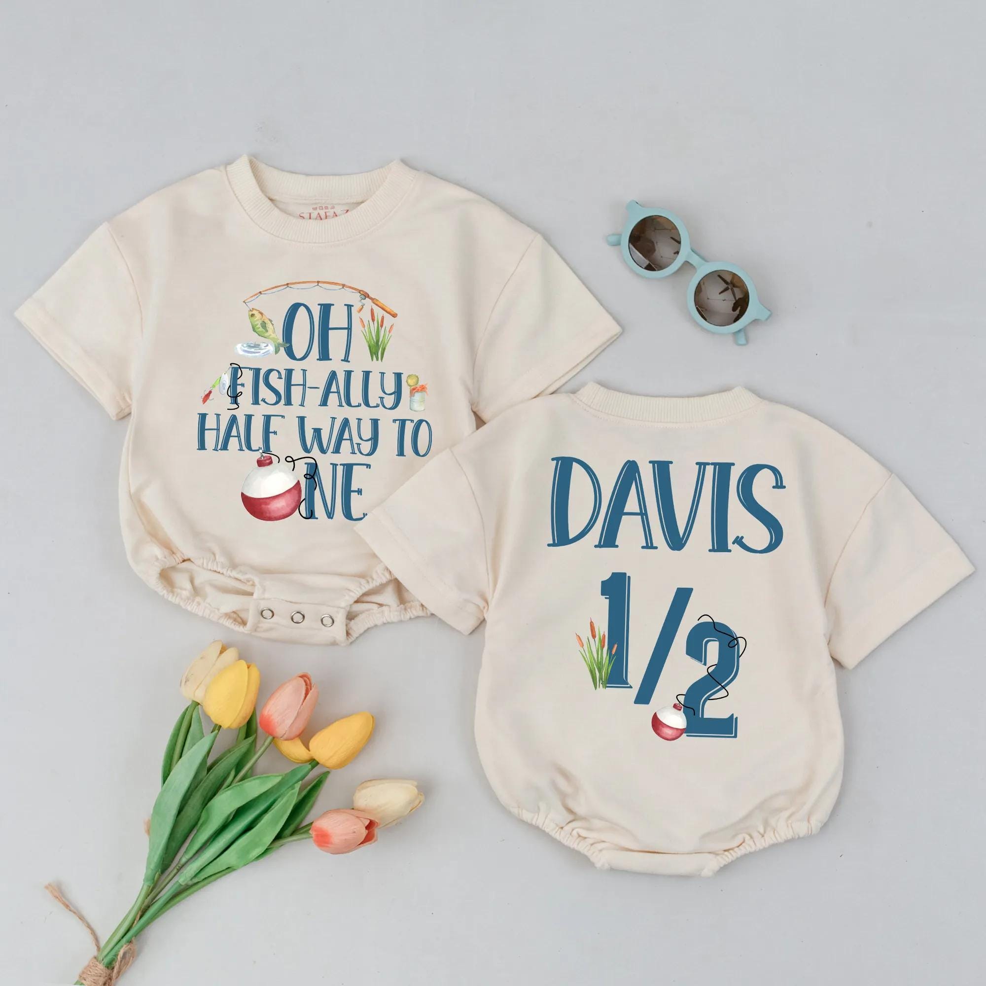 Fishing Half Birthday Outfit Baby Boy Personalized Romper Oh Fish-ally Half Way to One Bodysuit Custom 6 Month Birthday Gift Cotton Design