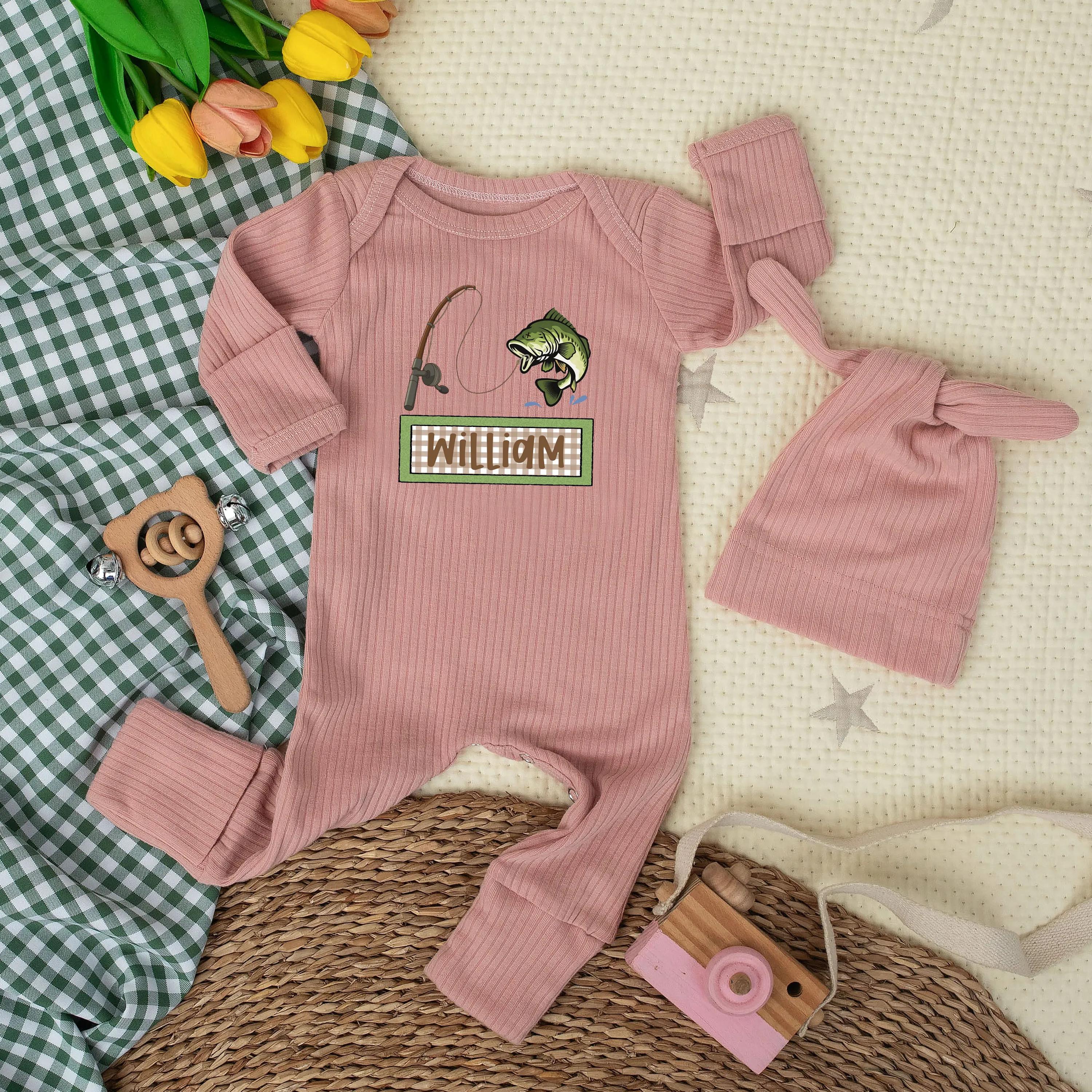 Fishing Pole and Bass Baby Bodysuit with Custom Name and Hat Set, Newborn Coming Home Outfit for Future Fisherman Baby Gift