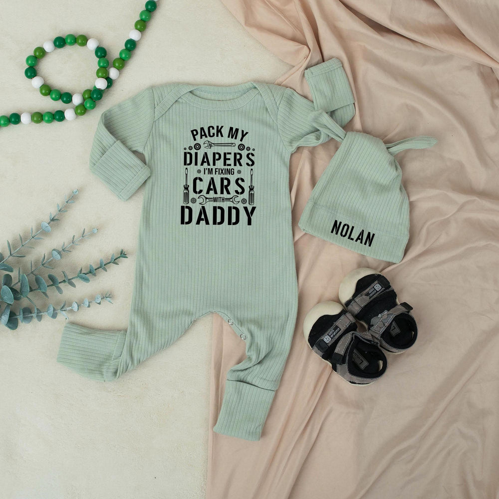 Fixing Cars Baby Romper with Personalized Hat, Daddy and Me Outfit for Infant Boy, Mechanic-Themed Baby Shower Cotton Gift