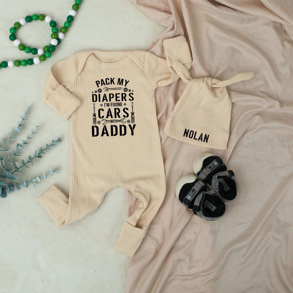 Fixing Cars Baby Romper with Personalized Hat, Daddy and Me Outfit for Infant Boy, Mechanic-Themed Baby Shower Cotton Gift