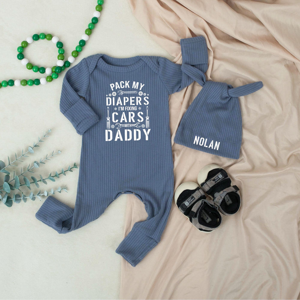 Fixing Cars Baby Romper with Personalized Hat, Daddy and Me Outfit for Infant Boy, Mechanic-Themed Baby Shower Cotton Gift