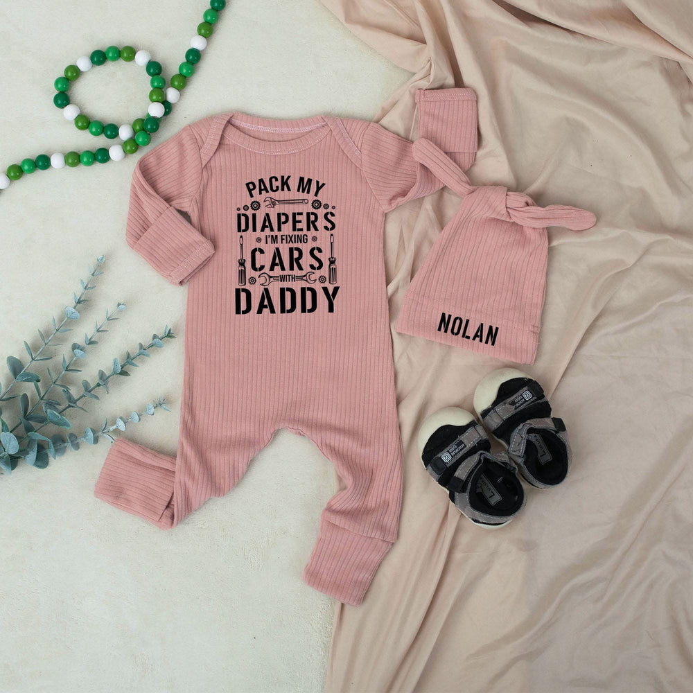Fixing Cars Baby Romper with Personalized Hat, Daddy and Me Outfit for Infant Boy, Mechanic-Themed Baby Shower Cotton Gift