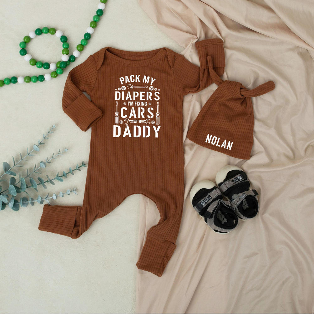 Fixing Cars Baby Romper with Personalized Hat, Daddy and Me Outfit for Infant Boy, Mechanic-Themed Baby Shower Cotton Gift