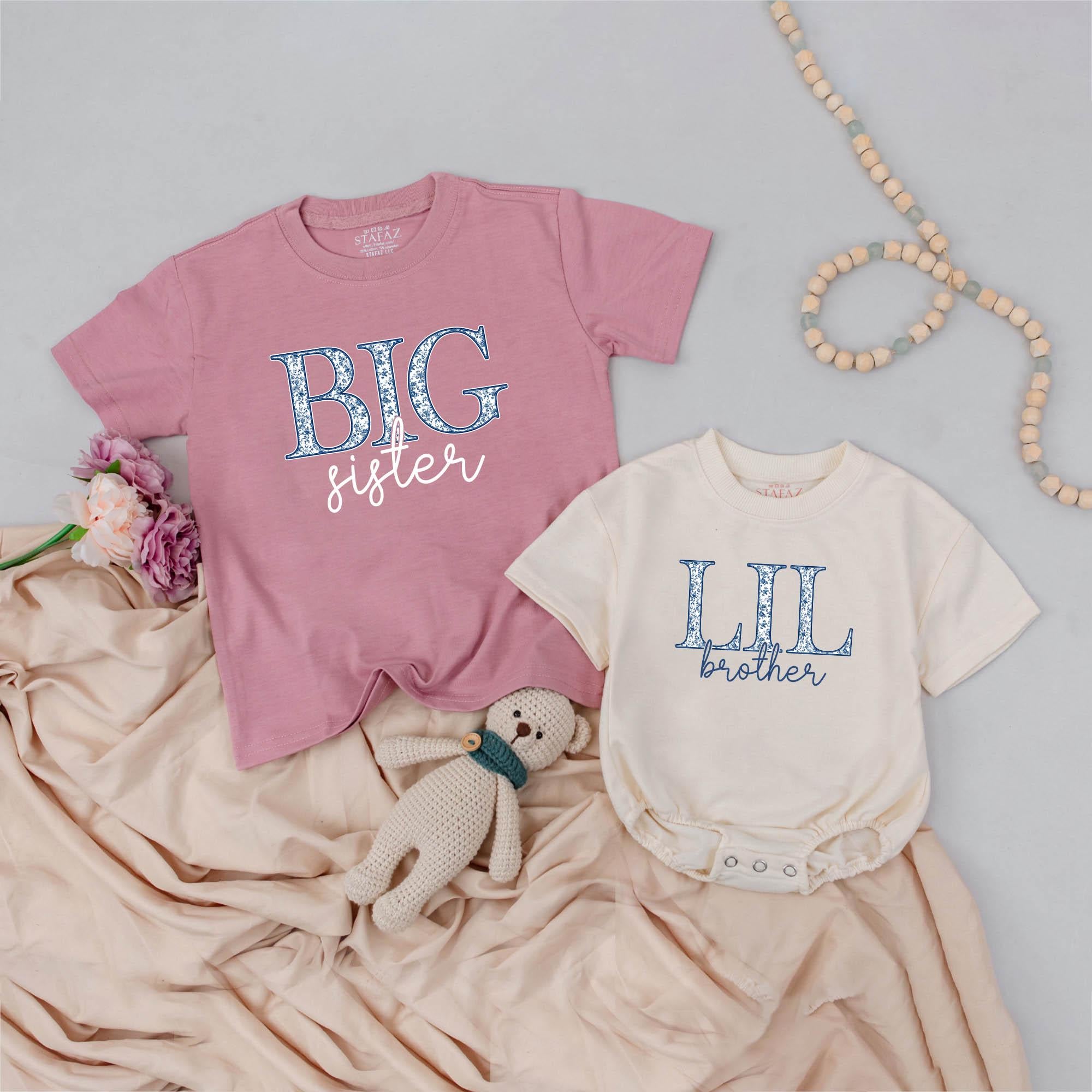 Floral Big Sister Shirt and Lil Brother Romper Personalized Matching Outfits for Baby Announcement Cotton Toddler Gift Sweet Design