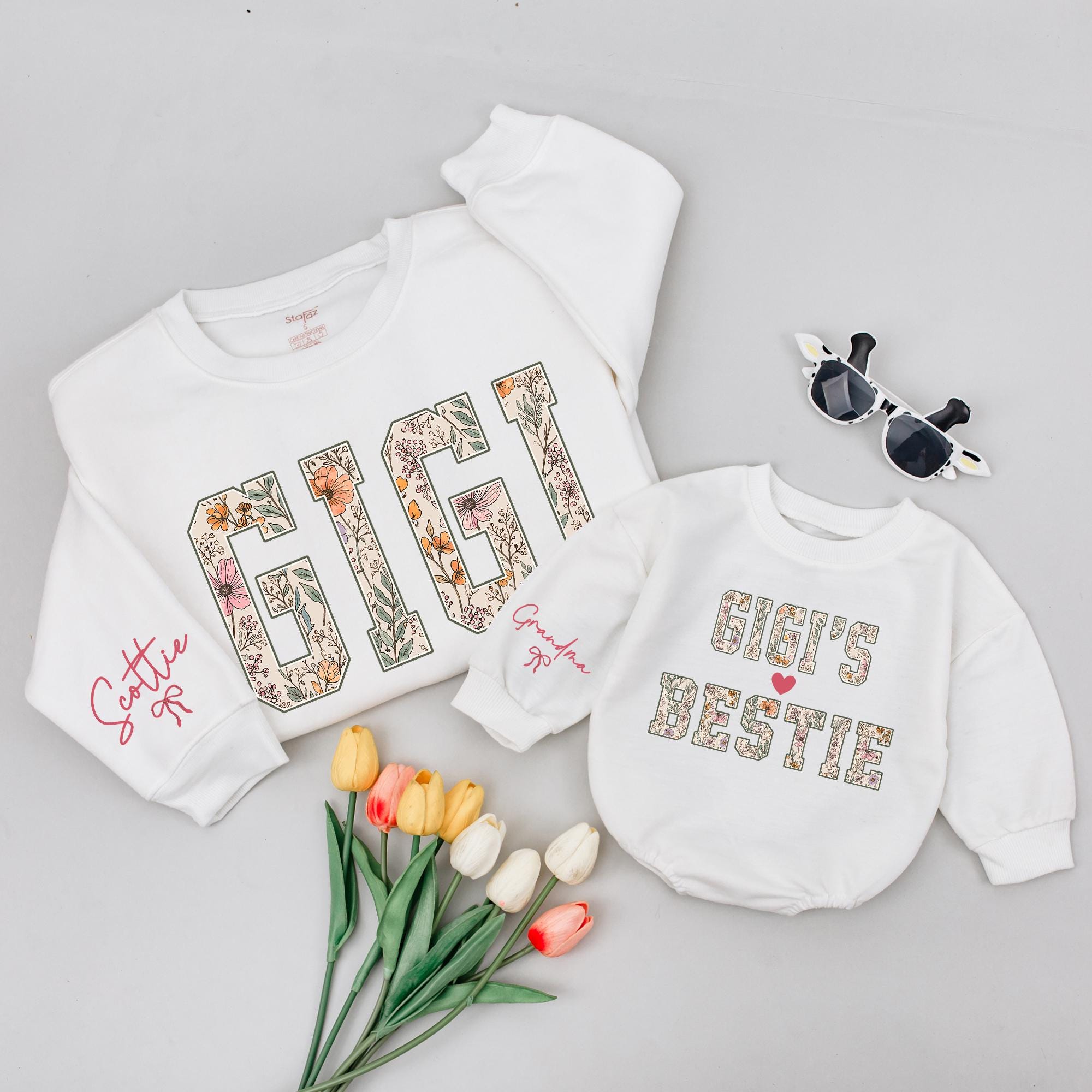 Floral Gigi and Gigi's Bestie Matching Sweatshirt and Baby Romper with Custom Names, Adorable Family Outfit for Grandmas