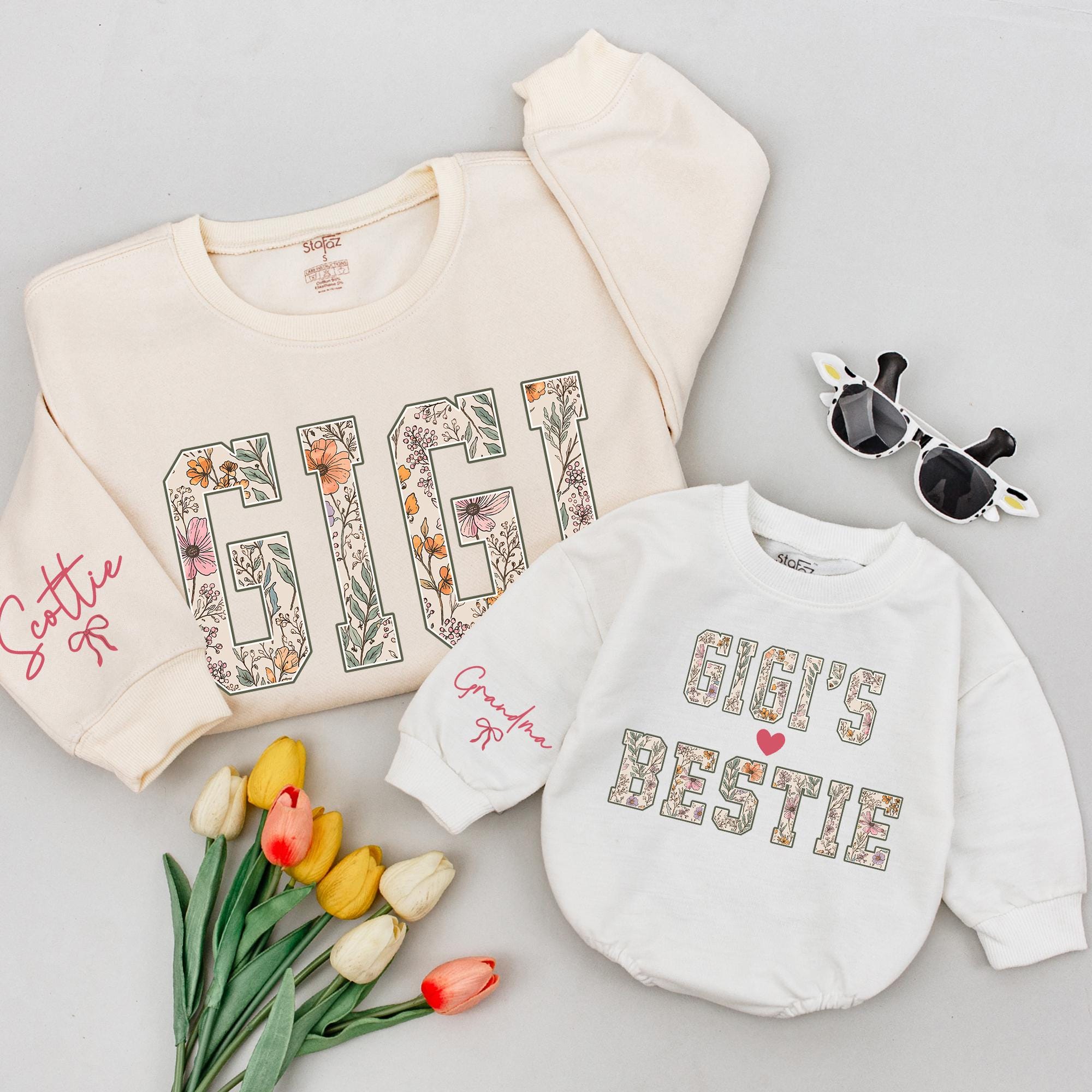 Floral Gigi and Gigi's Bestie Matching Sweatshirt and Baby Romper with Custom Names, Adorable Family Outfit for Grandmas