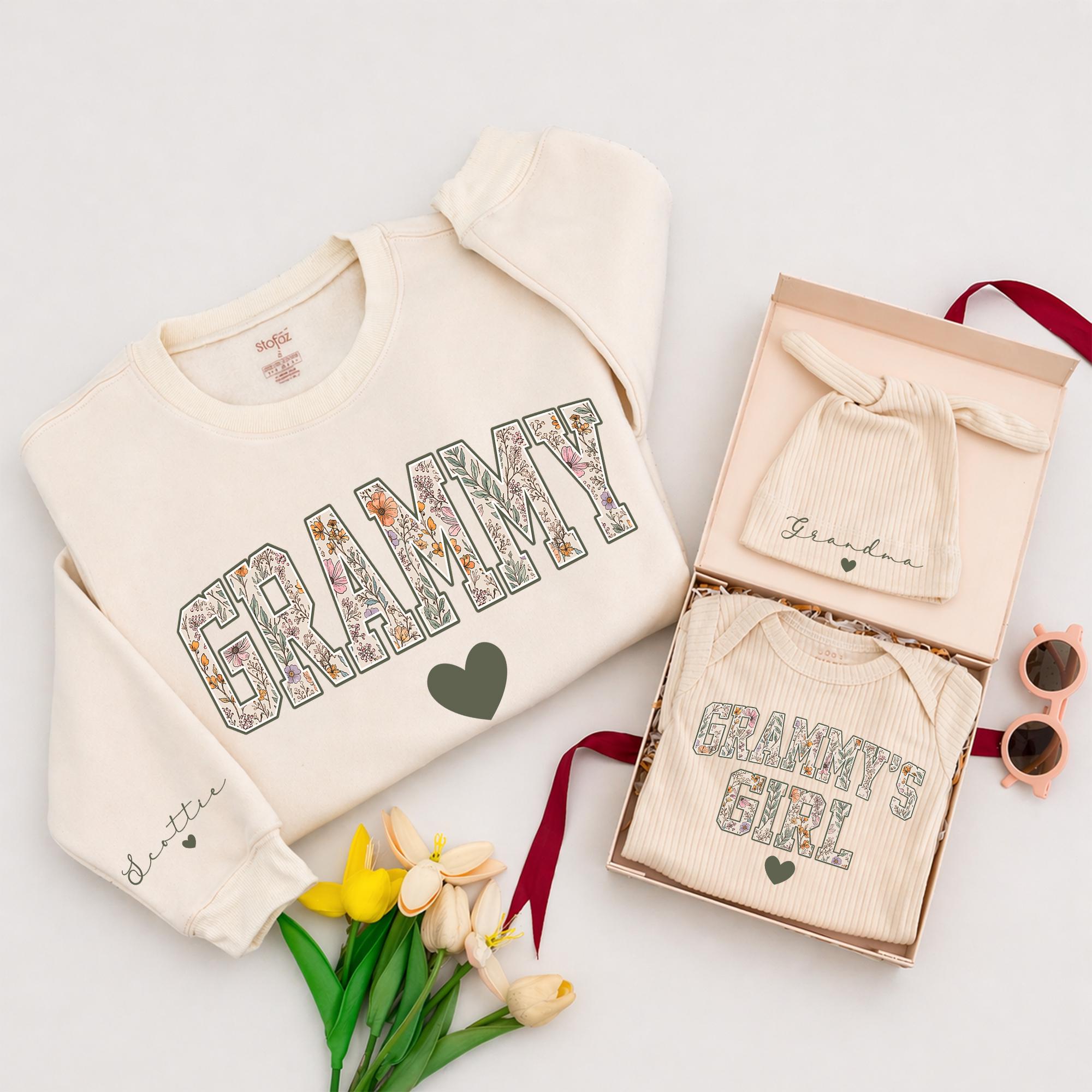 Floral 'Grammy' Sweatshirt with Custom Name Wrist Detail and Matching 'Grammy's Girl' Baby Bodysuit & Hat Set, Gift for Grandma