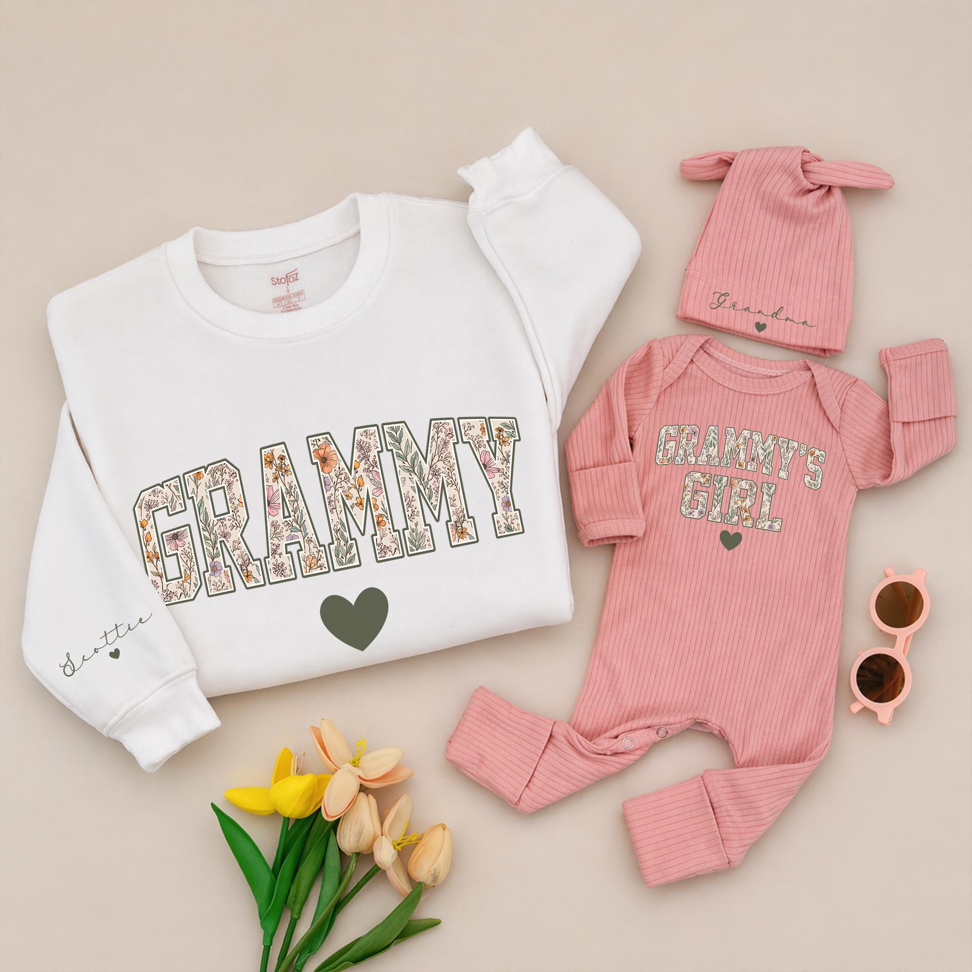Floral 'Grammy' Sweatshirt with Custom Name Wrist Detail and Matching 'Grammy's Girl' Baby Bodysuit & Hat Set, Gift for Grandma
