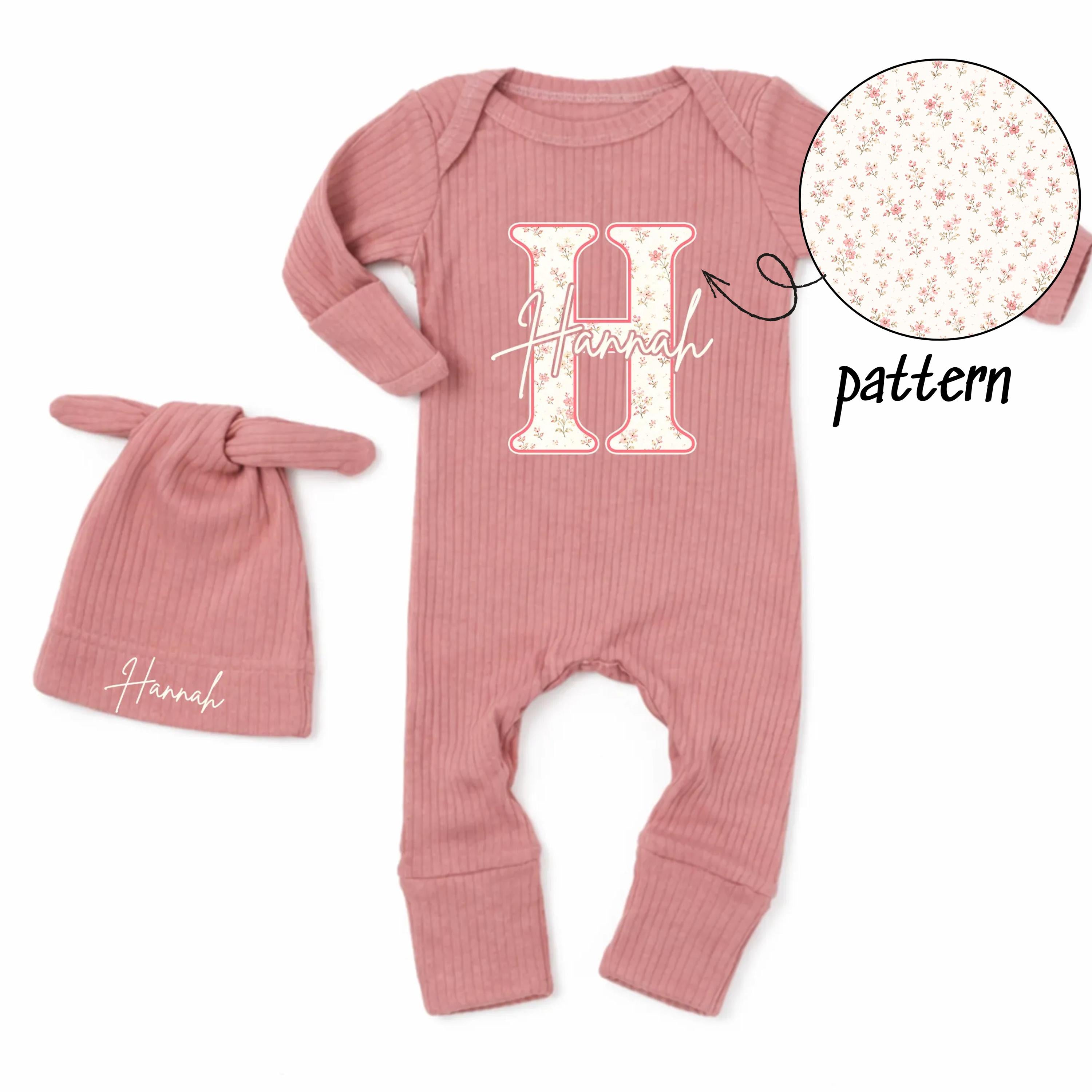 Floral Initial Baby Girl Bodysuit with Monogram Name and Matching Hat, Ribbed Pink Newborn Coming Home Outfit