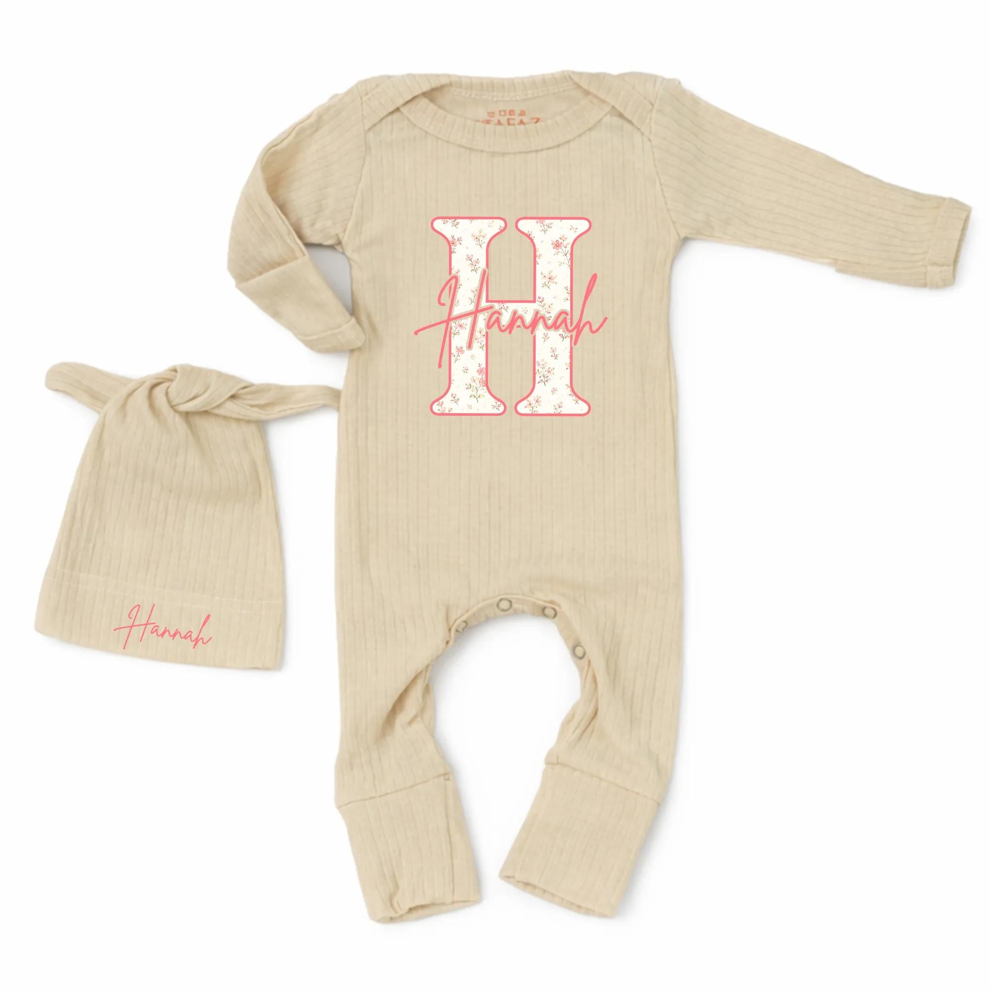Floral Initial Baby Girl Bodysuit with Monogram Name and Matching Hat, Ribbed Pink Newborn Coming Home Outfit