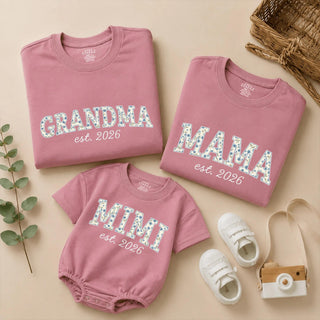Floral Letter Grandma Mama Mimi Matching Shirts, Est. 2026 Family Outfit, Custom Name Tees for Grandparents Day or Baby Gift