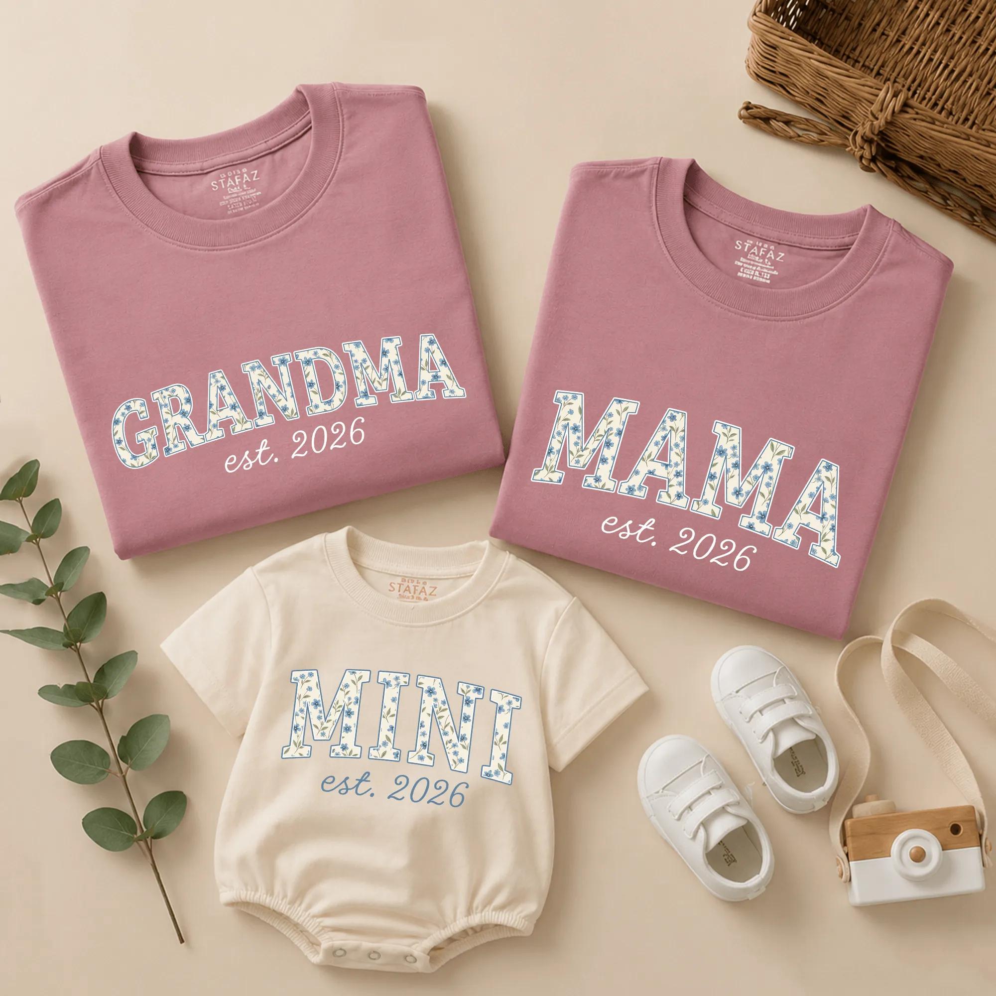 Floral Letter Grandma Mama Mimi Matching Shirts, Est. 2026 Family Outfit, Custom Name Tees for Grandparents Day or Baby Gift