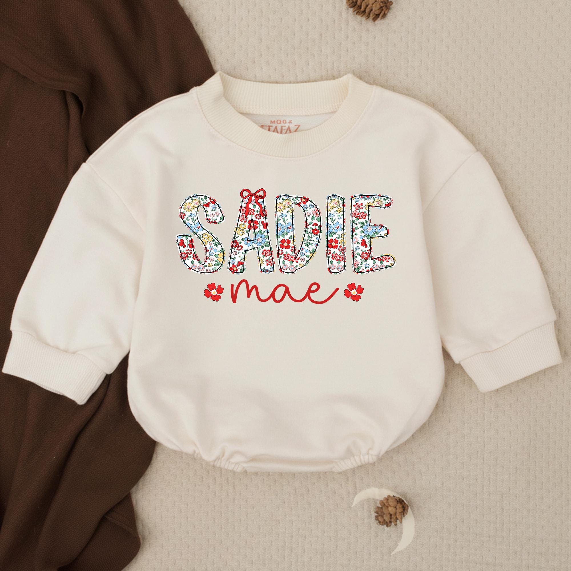 Floral Name Print Baby Girl Sweatshirt, Sadie Mae Long Sleeve Romper, Custom Infant Outfit for Baby Shower or Birthday Gift