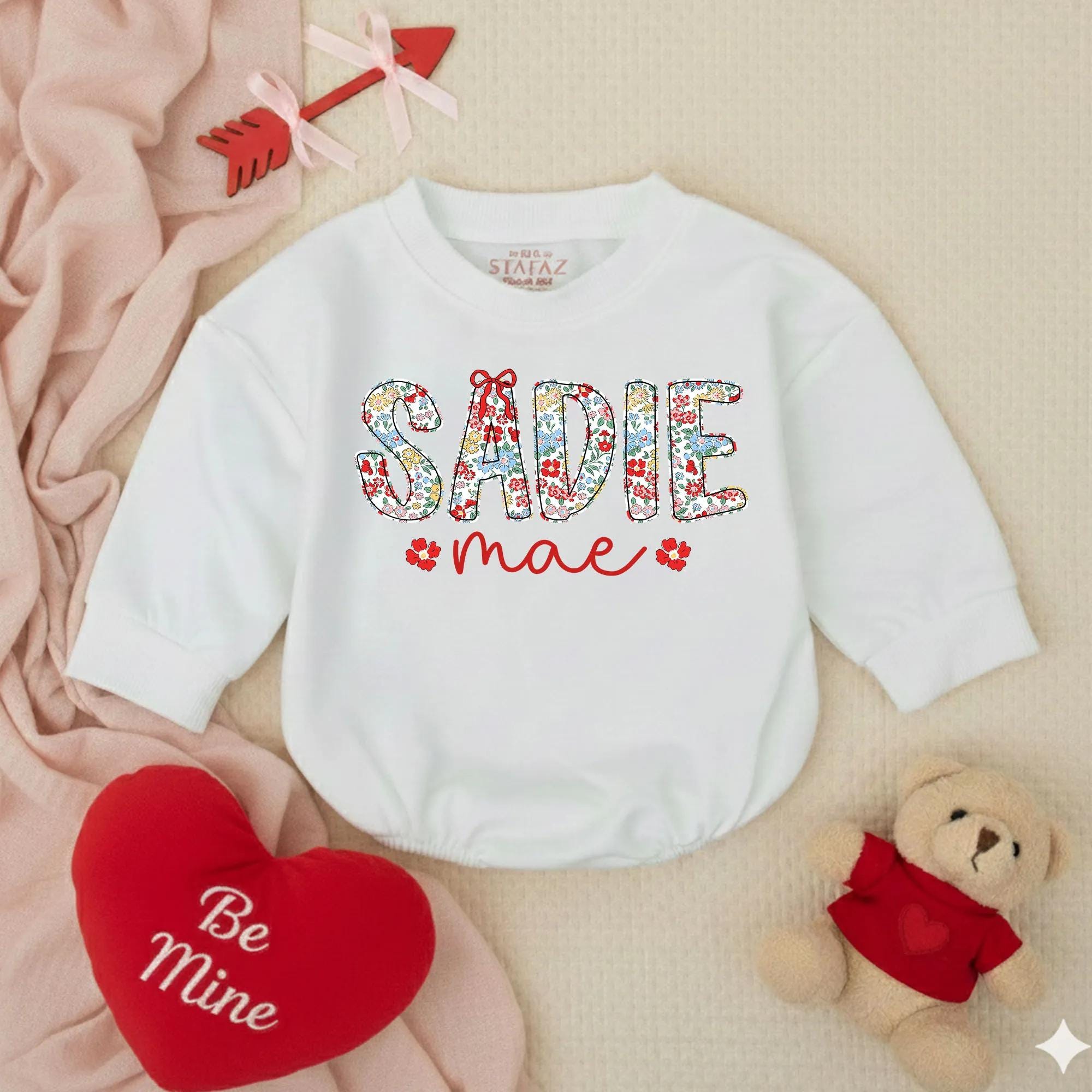 Floral Name Print Baby Girl Sweatshirt, Sadie Mae Long Sleeve Romper, Custom Infant Outfit for Baby Shower or Birthday Gift
