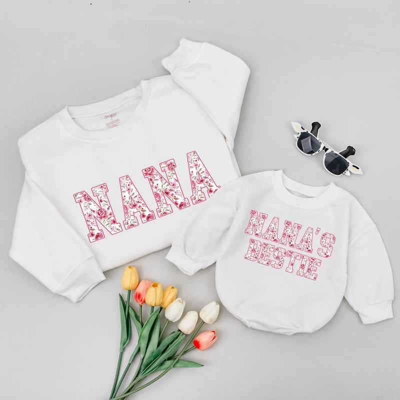 Floral Nana Sweatshirt and Nana’s Bestie Baby Romper Matching Outfit for Grandma and Baby Gift Soft Cotton Vintage Rose Design