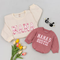 Floral Nana Sweatshirt and Nana’s Bestie Baby Romper Matching Outfit for Grandma and Baby Gift Soft Cotton Vintage Rose Design