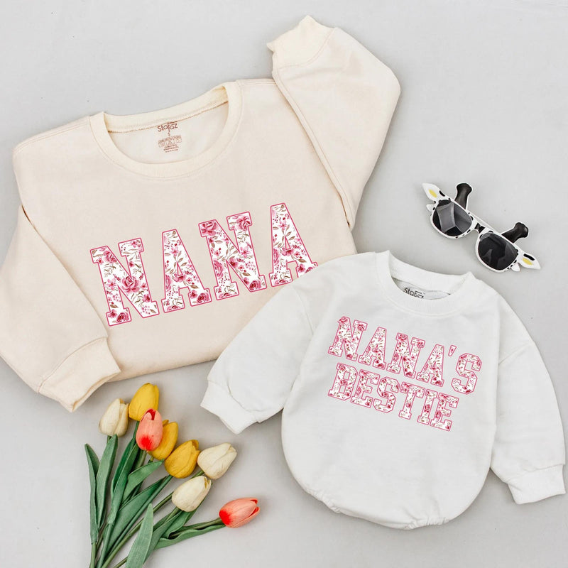 Floral Nana Sweatshirt and Nana’s Bestie Baby Romper Matching Outfit for Grandma and Baby Gift Soft Cotton Vintage Rose Design