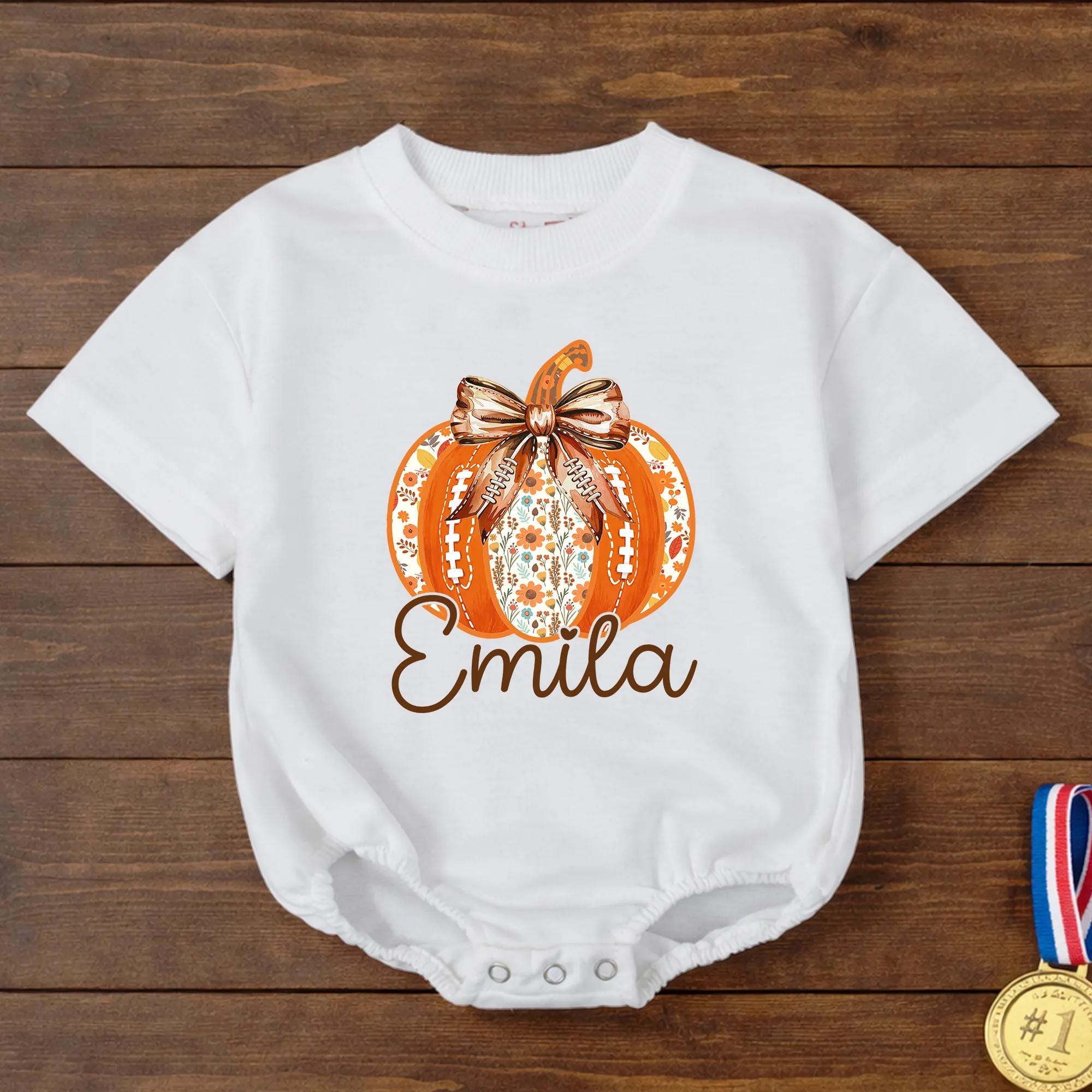 Floral Pumpkin Baby Bubble Romper with Custom Name, Fall Coquette Newborn Outfit for Pumpkin Patch or First Thanksgiving