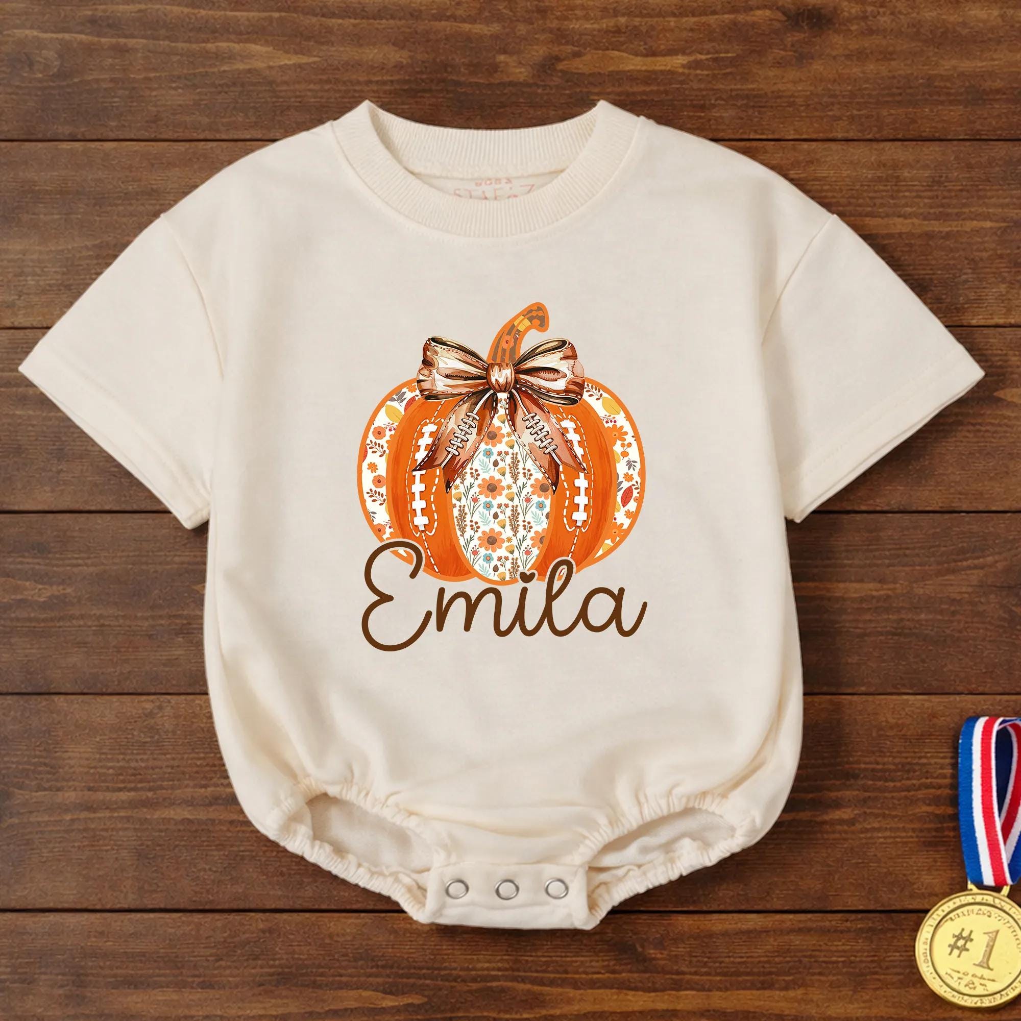 Floral Pumpkin Baby Bubble Romper with Custom Name, Fall Coquette Newborn Outfit for Pumpkin Patch or First Thanksgiving