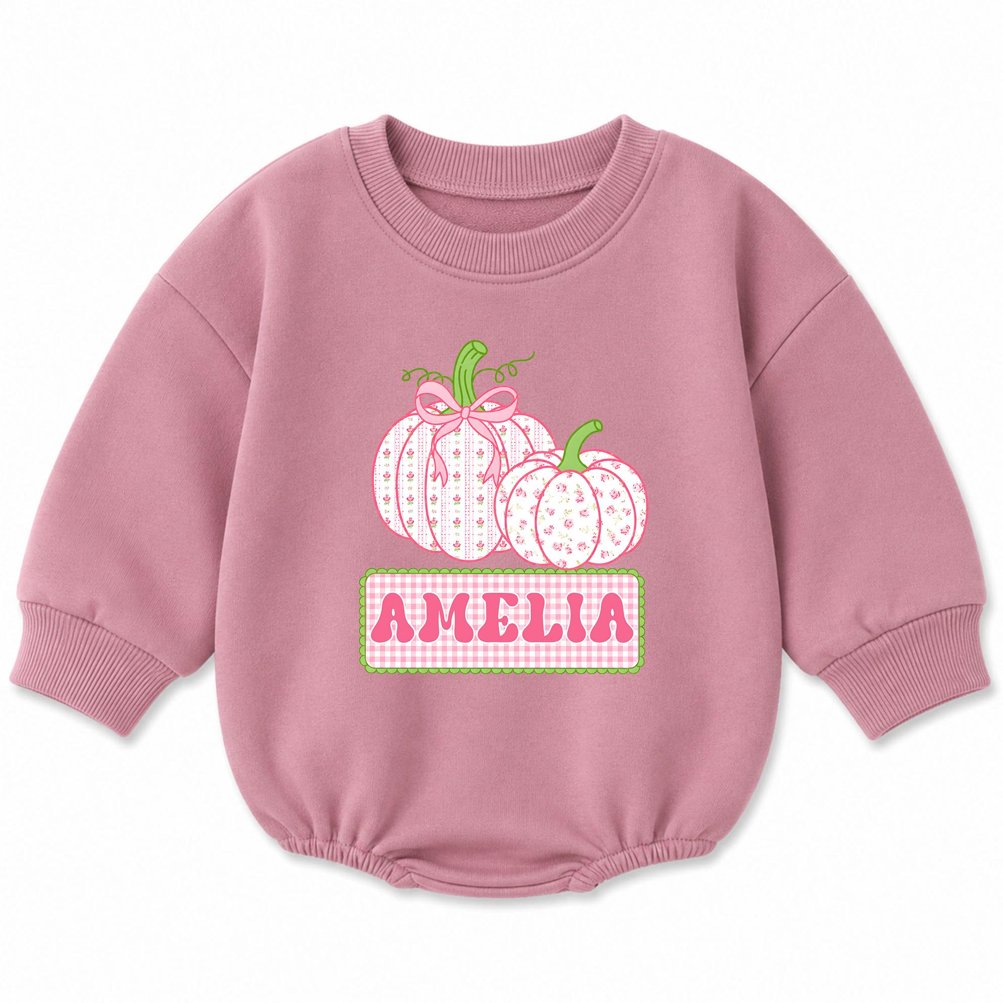 Floral Pumpkin Baby Girl Romper with Pink Gingham Custom Name, Fall Newborn Outfit for Pumpkin Patch & First Thanksgiving