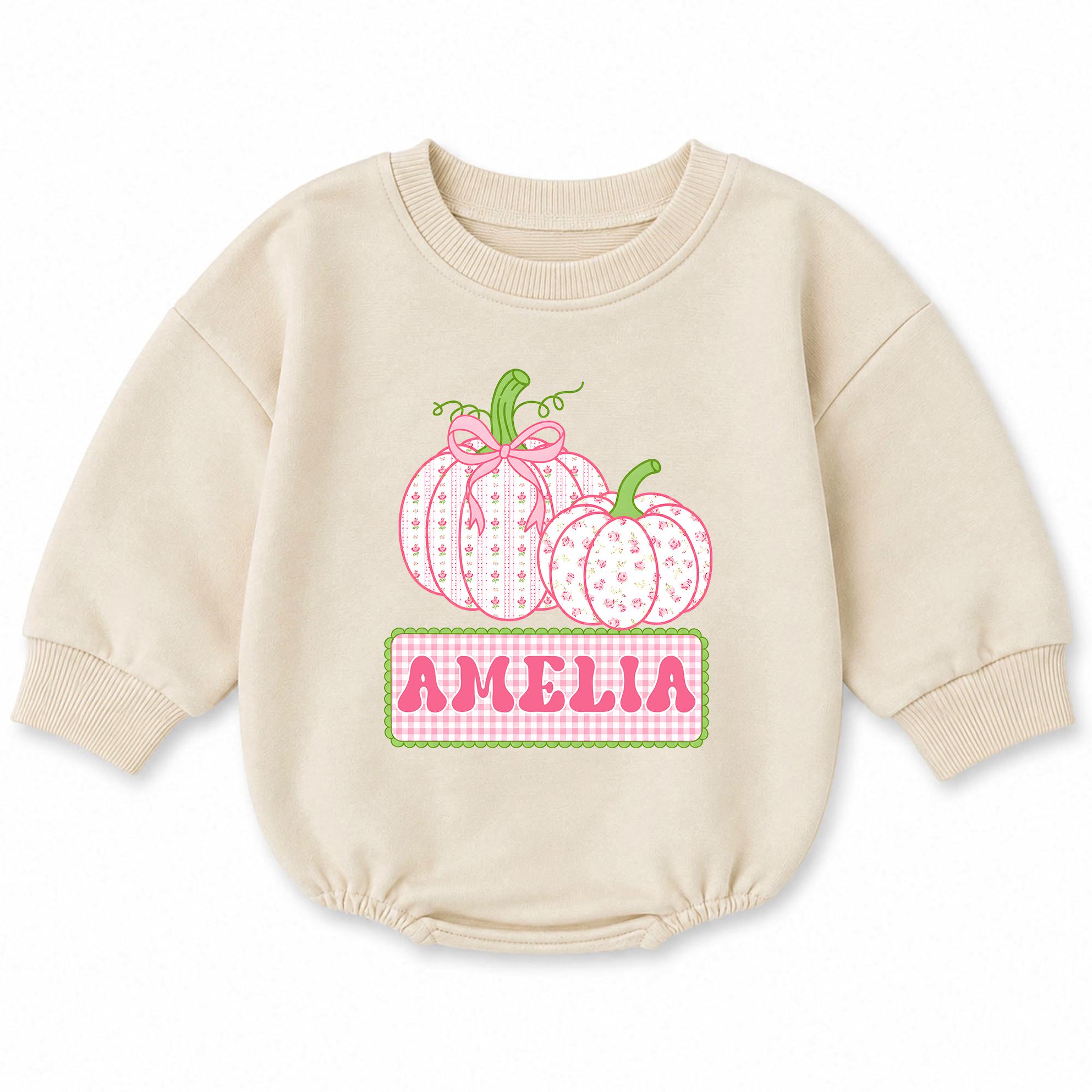 Floral Pumpkin Baby Girl Romper with Pink Gingham Custom Name, Fall Newborn Outfit for Pumpkin Patch & First Thanksgiving