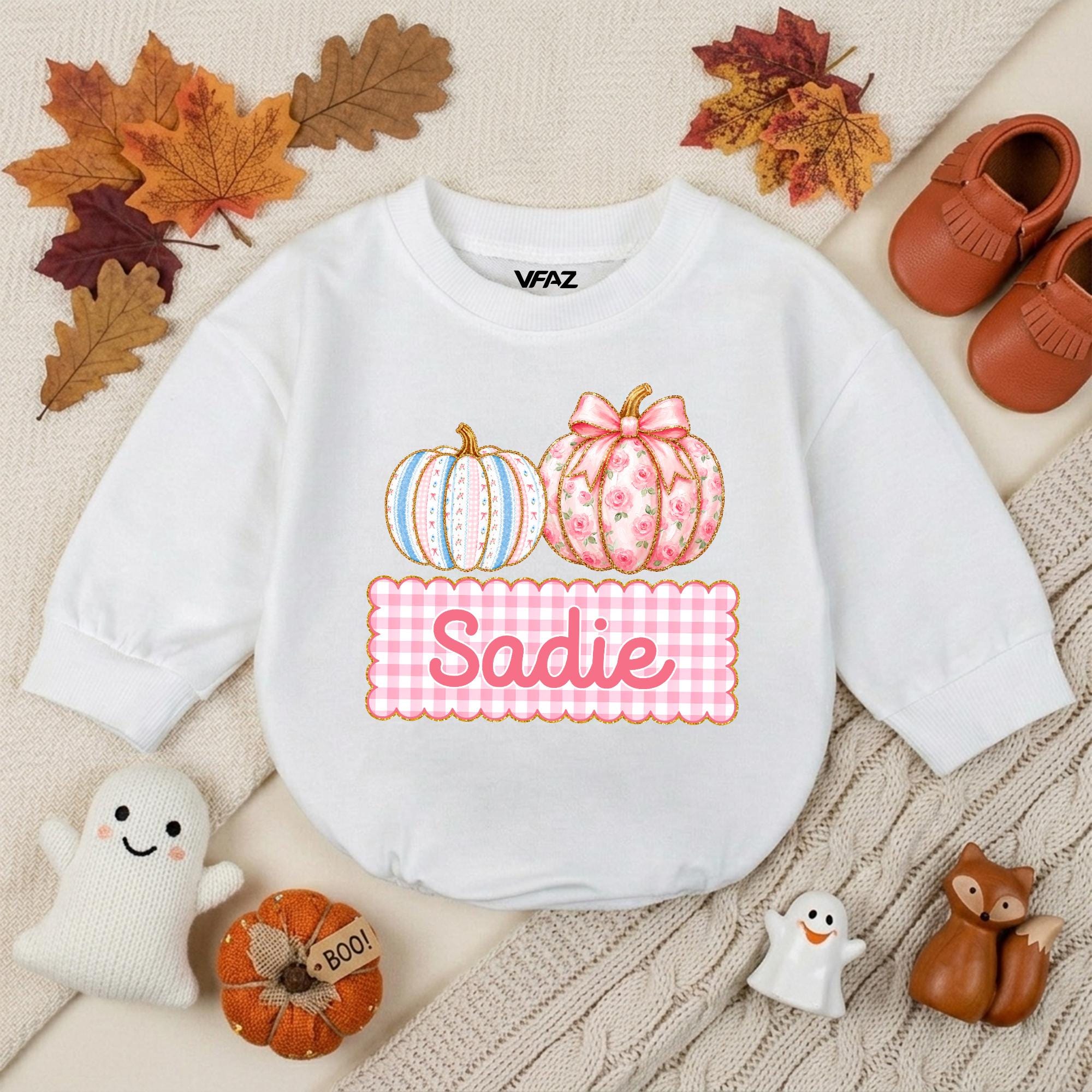 Floral Pumpkin Baby Sweatshirt with Custom Name, Fall Pink Gingham Toddler Outfit, Autumn Baby Shower Gift for Girls