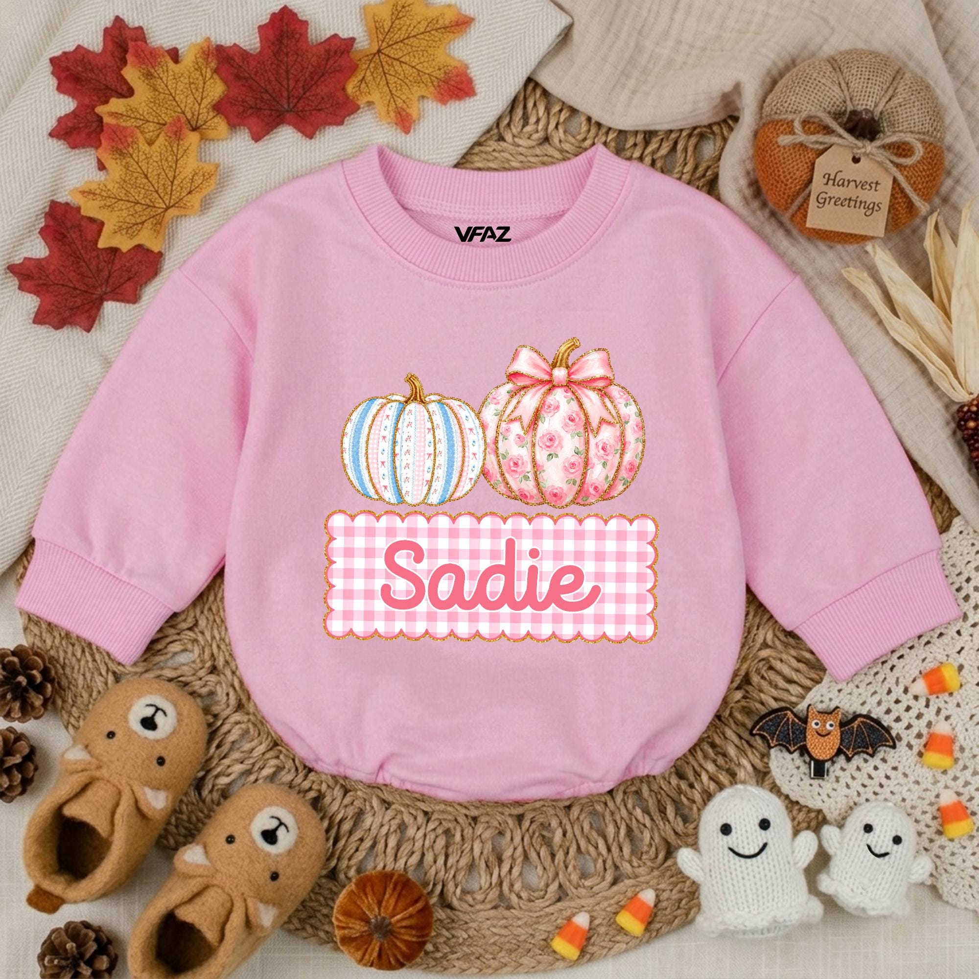 Floral Pumpkin Baby Sweatshirt with Custom Name, Fall Pink Gingham Toddler Outfit, Autumn Baby Shower Gift for Girls