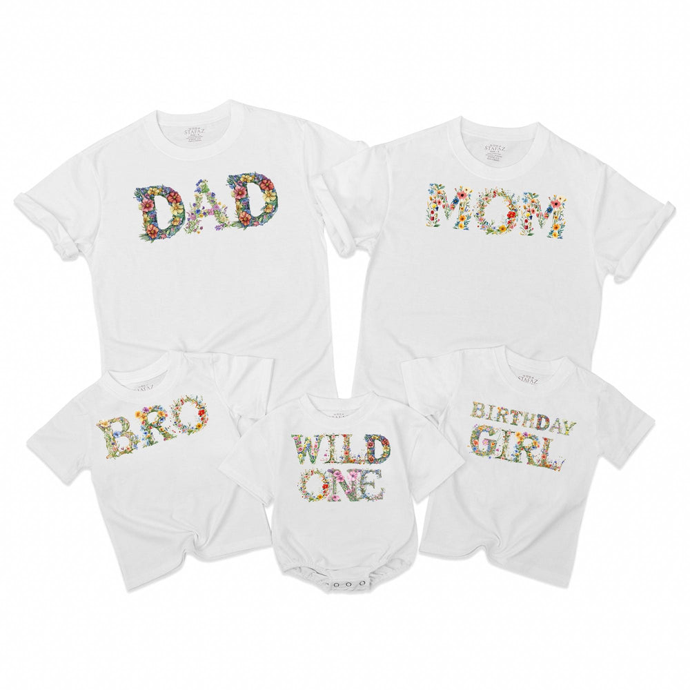 Floral Wild One Birthday Shirt for Girls, Toddler or Baby Party Outfit, Colorful Wildflower Design, Soft Cotton Custom Family Matching