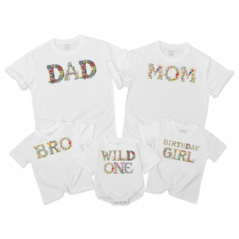 Floral Wild One Birthday Shirt for Girls, Toddler or Baby Party Outfit, Colorful Wildflower Design, Soft Cotton Custom Family Matching