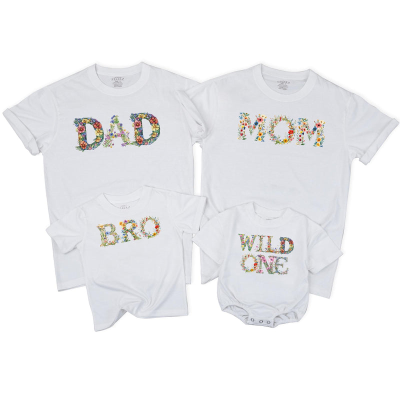Floral Wild One Birthday Shirt for Girls, Toddler or Baby Party Outfit, Colorful Wildflower Design, Soft Cotton Custom Family Matching