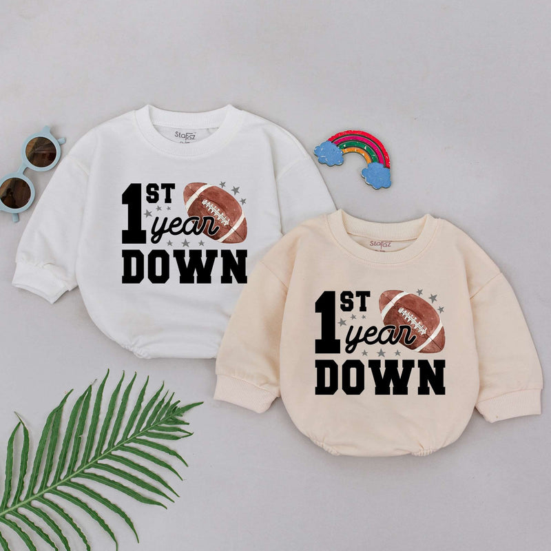 Football 1st Year Down Romper for Baby Boys Birthday Outfit with Stars and Brown Football Graphic Cotton Comfortable Party Clothes