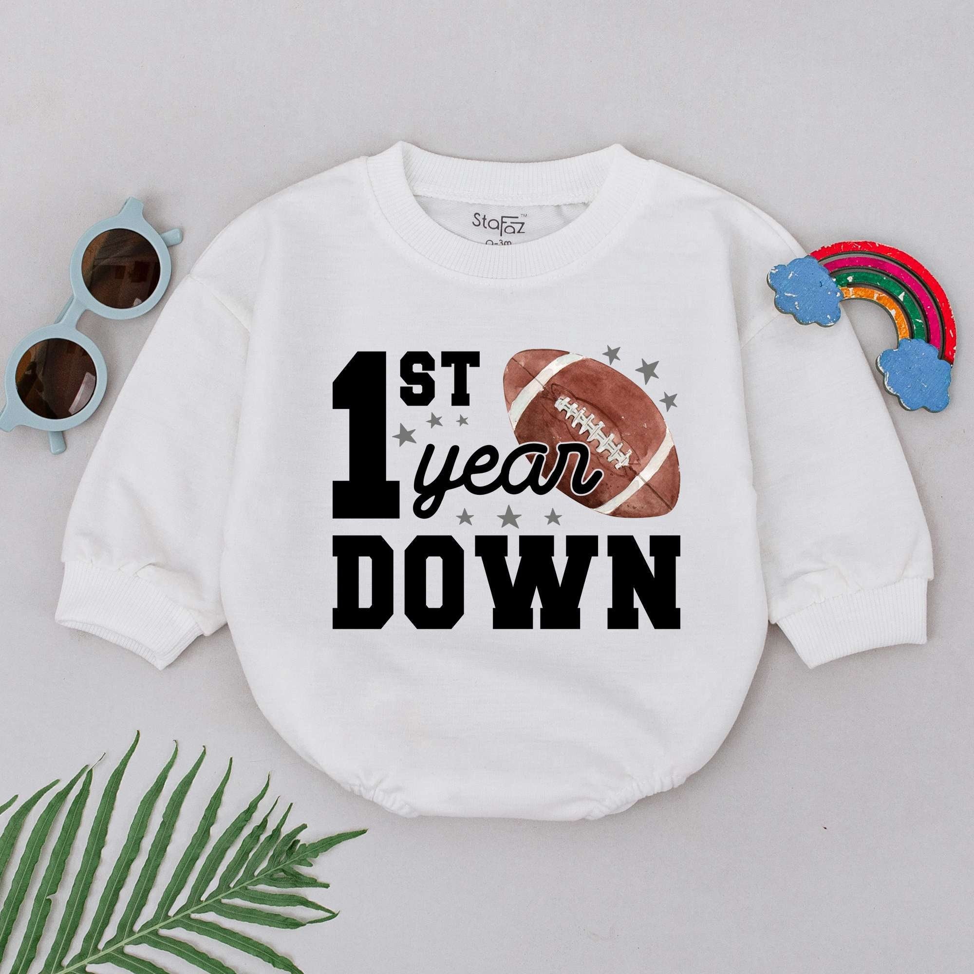 Football 1st Year Down Romper for Baby Boys Birthday Outfit with Stars and Brown Football Graphic Cotton Comfortable Party Clothes