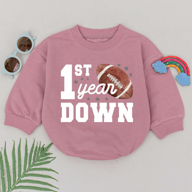 Football 1st Year Down Romper for Baby Boys Birthday Outfit with Stars and Brown Football Graphic Cotton Comfortable Party Clothes