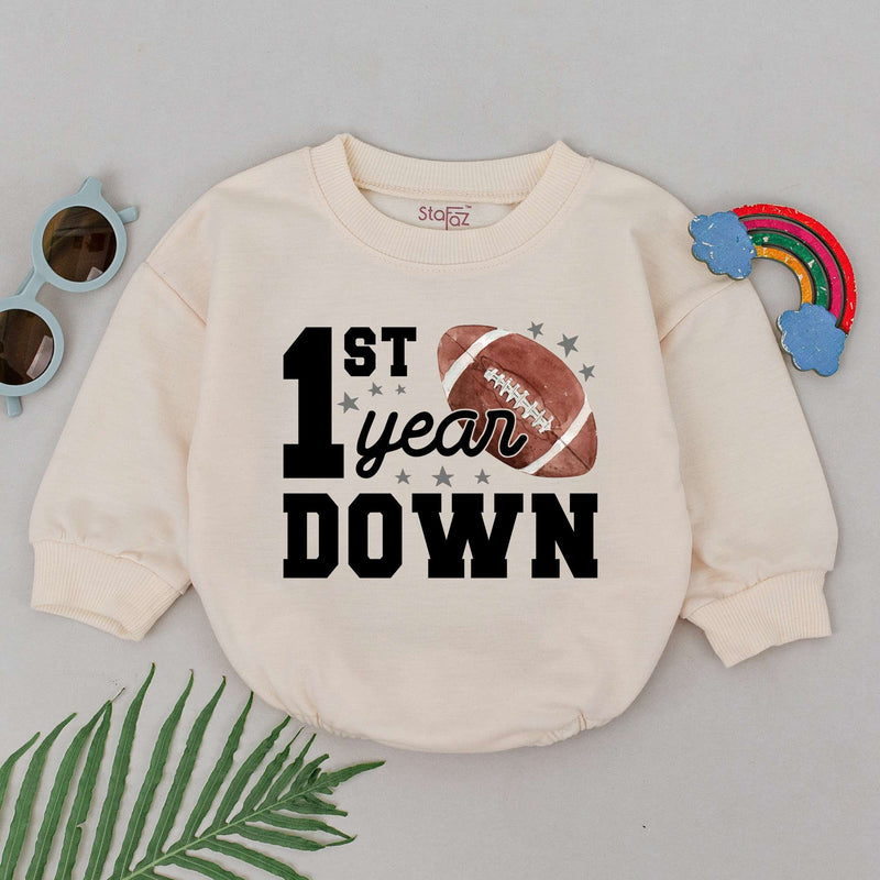Football 1st Year Down Romper for Baby Boys Birthday Outfit with Stars and Brown Football Graphic Cotton Comfortable Party Clothes