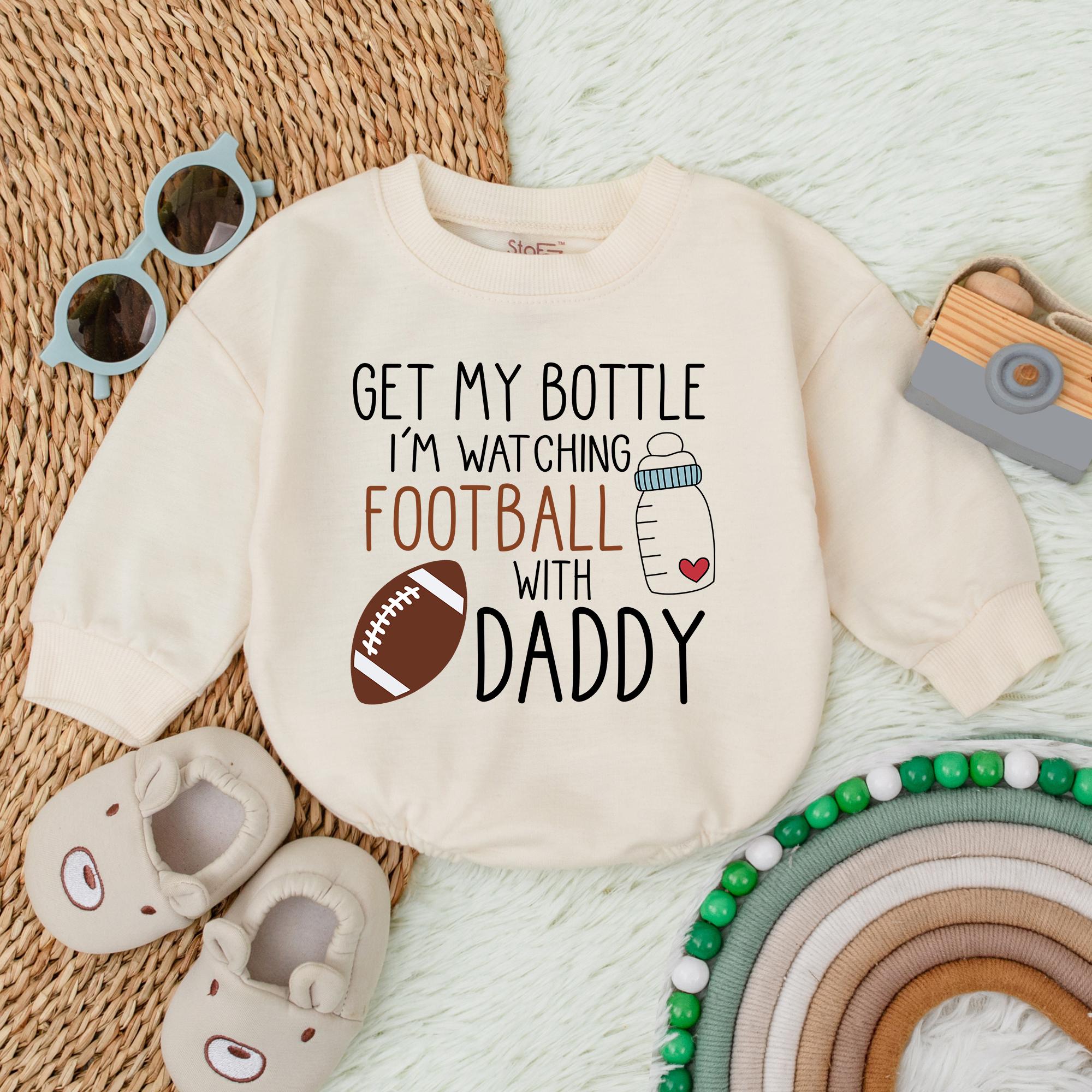 Football Baby Romper Get My Bottle I'm Watching Football with Daddy 1st Birthday Outfit for Boys Fun Graphic Design in Pastels