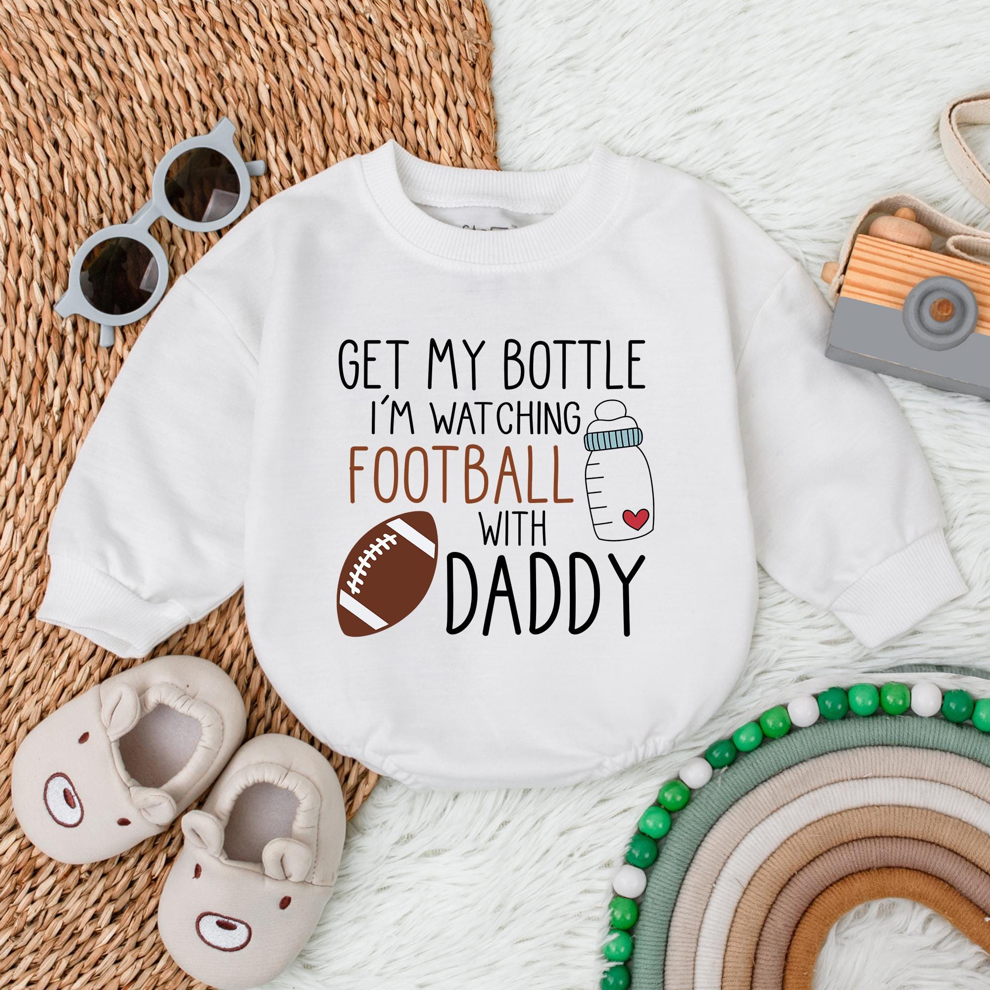 Football Baby Romper Get My Bottle I'm Watching Football with Daddy 1st Birthday Outfit for Boys Fun Graphic Design in Pastels