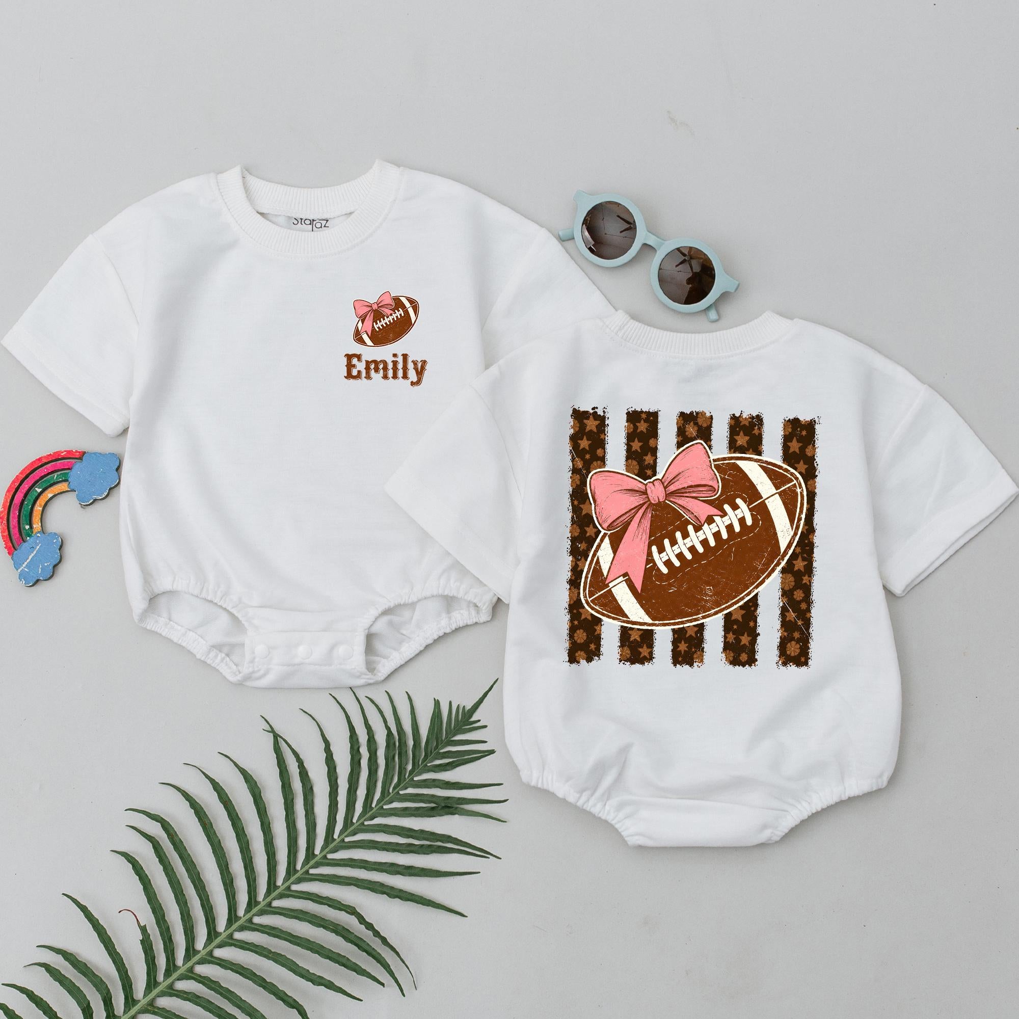 Football Bow Baby Girl Romper with Custom Name, Coquette Striped Design, Cute Infant Outfit for Baby Showers and Milestone Photos