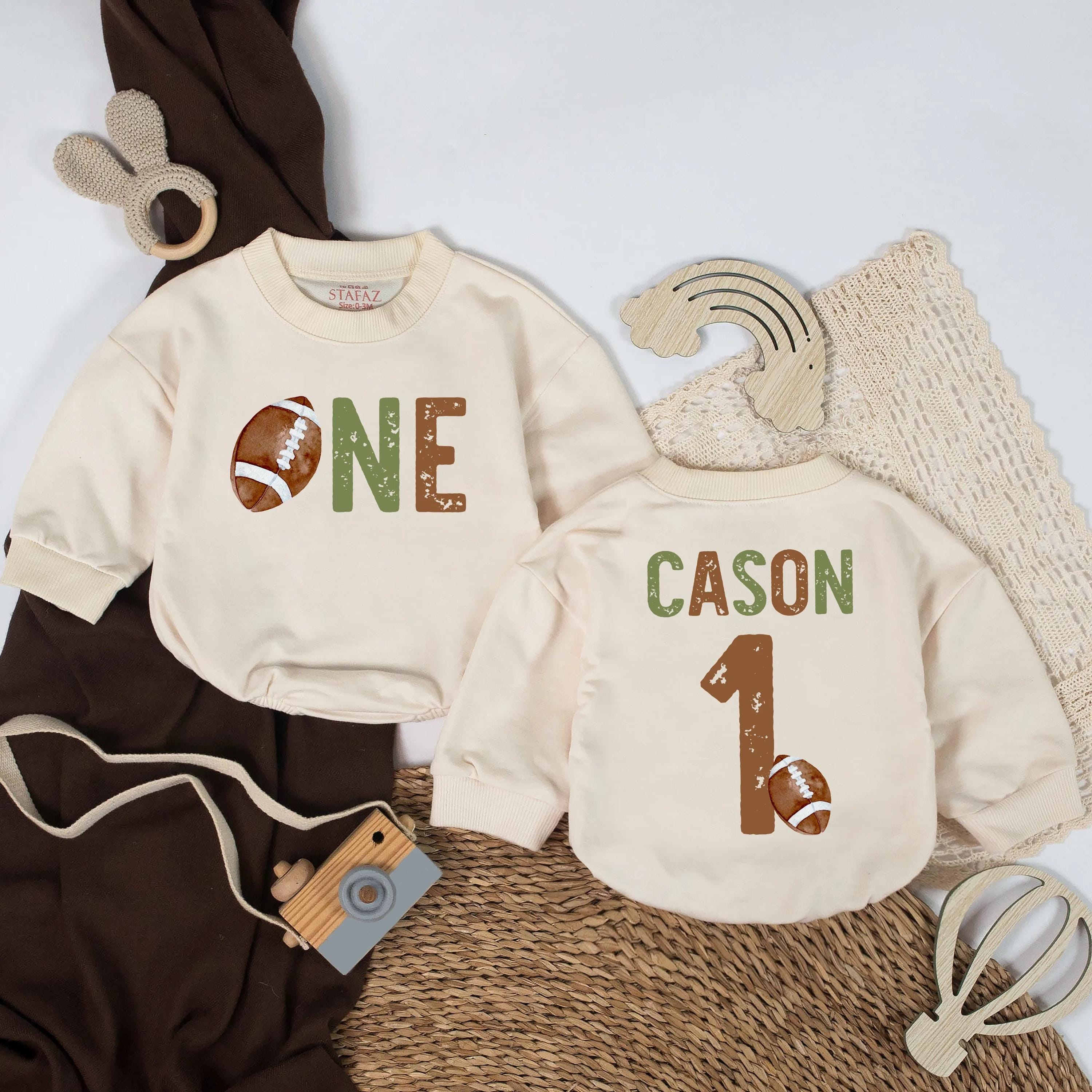 Football First Birthday Baby Romper Personalized Outfit Sage Green and Brown One Year Old Boy Gift Vintage Sports Theme Party Clothes