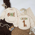Football First Birthday Baby Romper Personalized Outfit Sage Green and Brown One Year Old Boy Gift Vintage Sports Theme Party Clothes