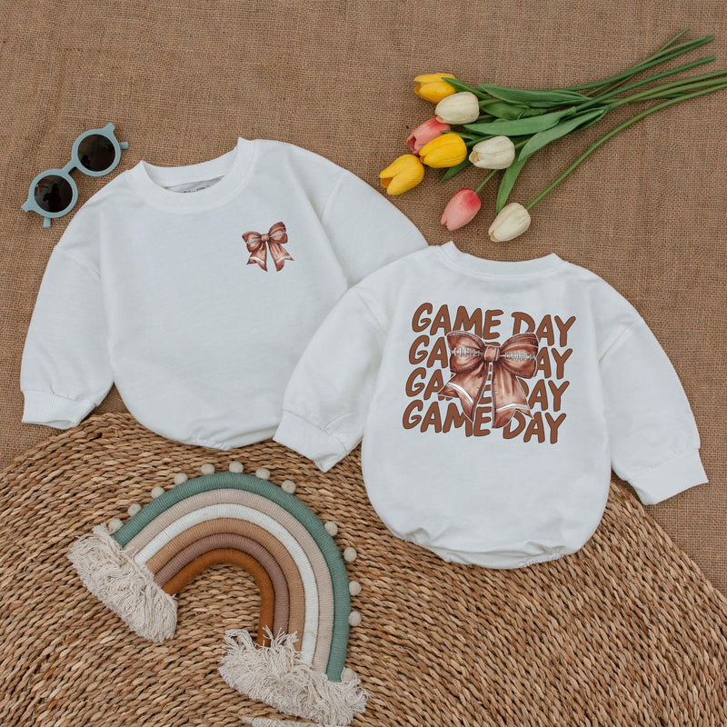 Football Game Day Baby Romper with Bow Adorable Sports Baby Bodysuit Brown Graphic Perfect for Football Season Baby Shower Gift